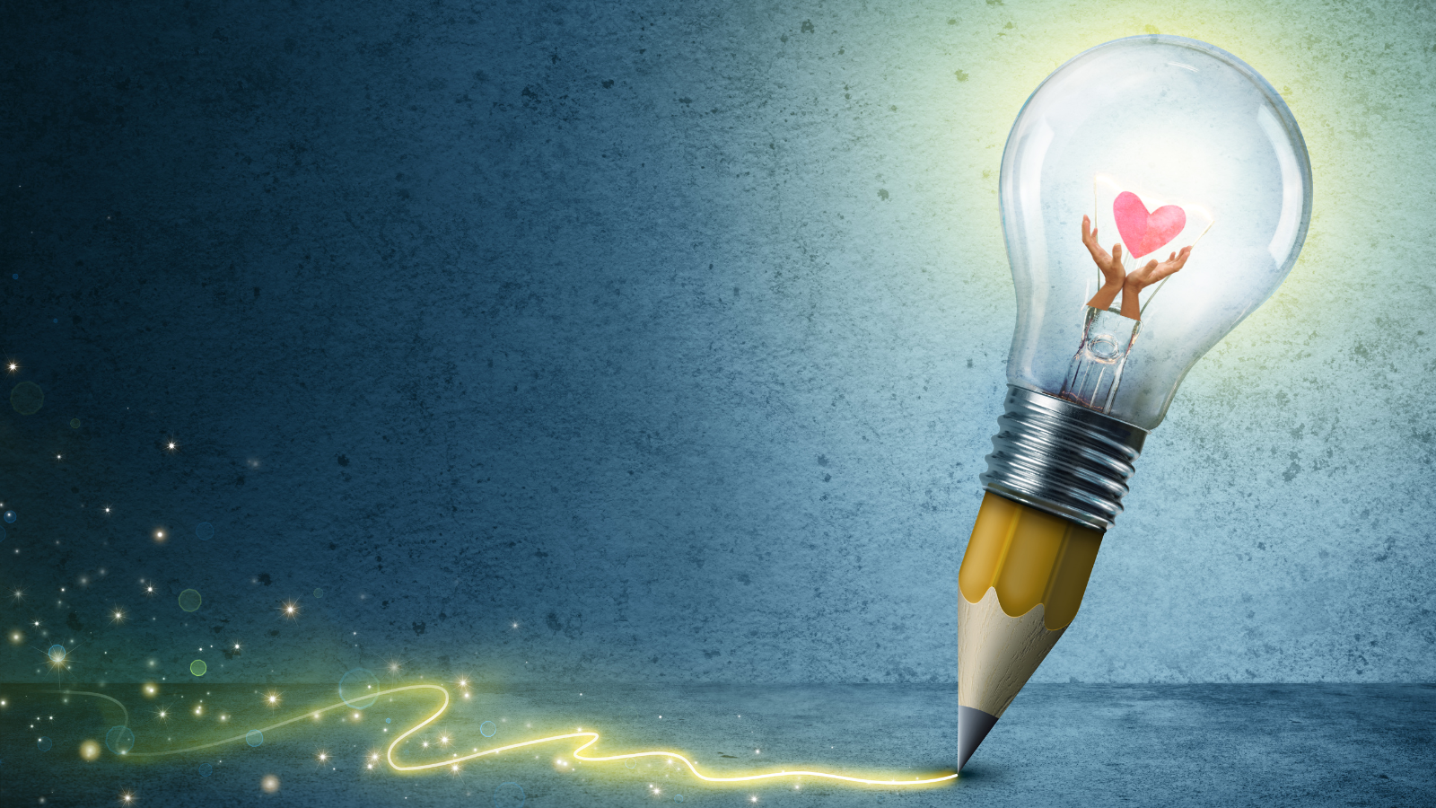A pencil with a lightbulb in the spot of an eraser shows hands holding a heart - 