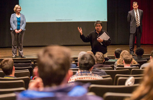 Chancellor Nicholas S. Zeppos addresses students at a FutureVU meeting while Vice Chancellors Susan R. Wente and Eric Kopstain look on.