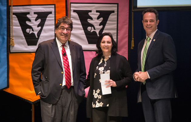 Chancellor Nicholas S. Zeppos, Ellen Gregg Ingalls Award for Excellence in Classroom Teaching recipient Sheri Shaneyfelt, and Faculty Senate Chair Geoffrey Fleming. (Joe Howell/Vanderbilt)
