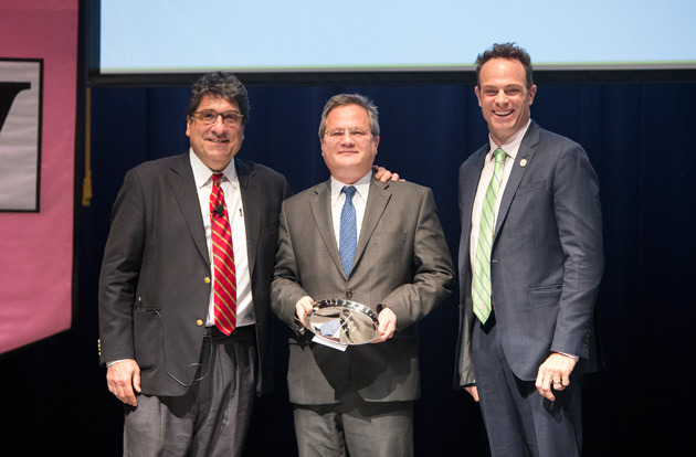 Chancellor Nicholas S. Zeppos; Professor of Biomedical Informatics and Pediatrics and Director of the Clinical Informatics Fellowship Program Chris Lehmann, who accepted the Alexander Heard Distinguished Service Professor Award on behalf of recipient Kevin B. Johnson; and Faculty Senate Chair Geoffrey Fleming. (Joe Howell/Vanderbilt)