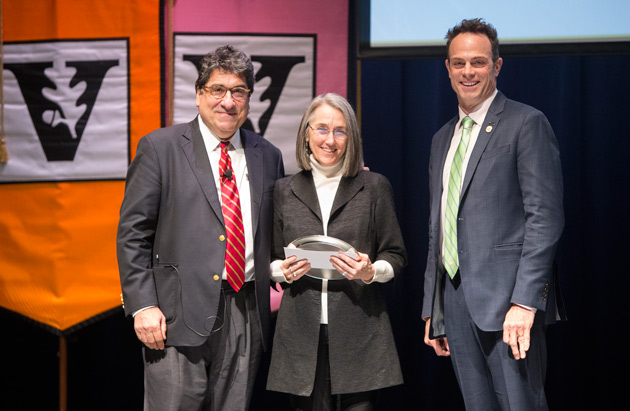 Chancellor Nicholas S. Zeppos, Harvie Branscomb Distinguished Professor Award recipient Kate Daniels, and Faculty Senate Chair Geoffrey Fleming. (Joe Howell/Vanderbilt)