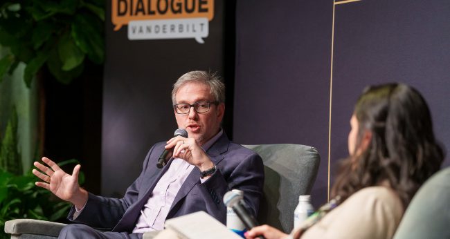 New York Time columnist Bret Stephens at the Dialogue Vanderbilt lecture on Oct. 16. (Harrison McClary/Vanderbilt)