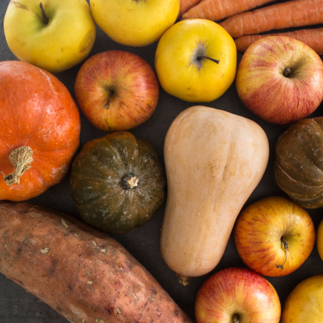 Closeup of fall fruits and vegetables