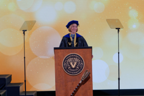 Provost and Vice Chancellor for Academic Affairs C. Cybele Raver opens Vanderbilt's Sesquicentennial celebration kickoff ceremony on March 24 in Langford Auditorium. (Harrison McClary/Vanderbilt)