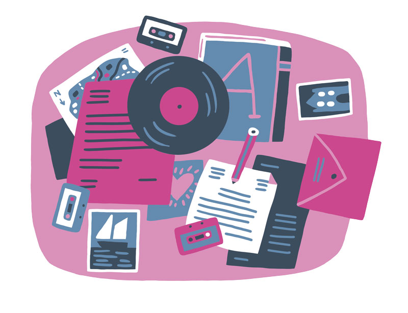 Pink, blue and black illustration of the kinds of materials that might be good in a time capsule, such as photos, vinyl records, documents. 