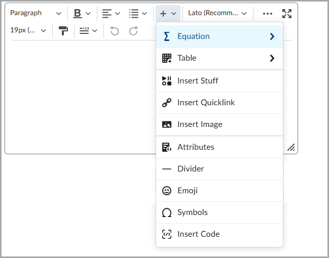 Expanded insert menu of the Feedback field in a full HTML editor showing options such as Equation, Table, Insert Stuff, Quicklink, Image, Attributes, Divider, Emoji, Symbols, and Insert Code.