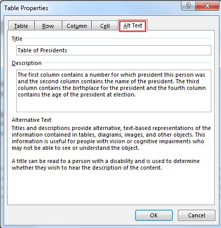 Table Properties - location of Alt Text