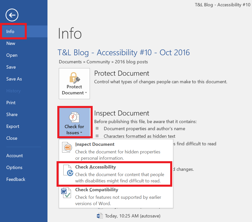 Word window, File tab open, Info selected from list, Check for issues button highlighted