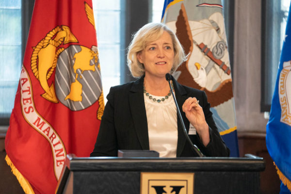 Interim Chancellor and Provost Susan R. Wente addressed the inaugural cohort of Bass Military Scholars and other honored guests at a reception in Alumni Hall Sept. 19. (Joe Howell/Vanderbilt)