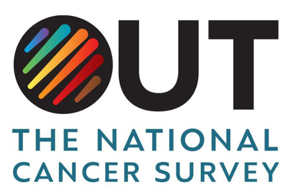 Text that reads OUT The National Cancer Survey. The O in out is filled with rainbow colors.