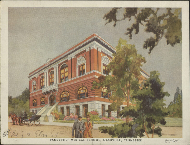 This lithographic illustration depicts the Vanderbilt Medical School building in downtown Nashville in 1895. (Historic Images of VUMC, EBL Special Collections)