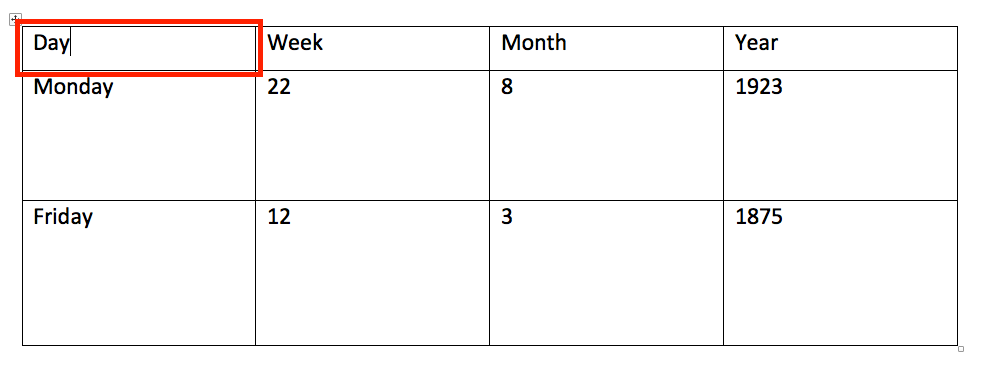 the first cell of a table is highlighted to show where to insert a bookmark