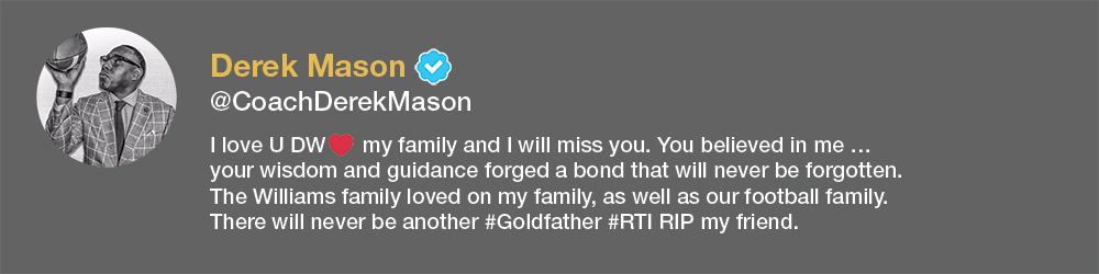 screenshot of Derek Mason tweet about David Williams