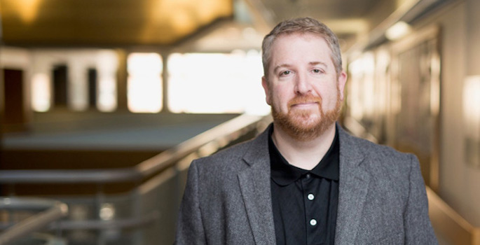 environmental portrait in bright lobby