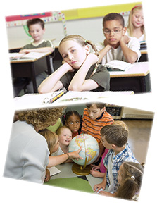 a collage of young children doing school activities