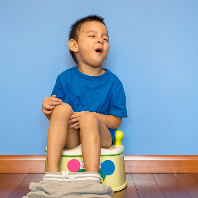 Young boy sitting on portable as he goes through potty training.