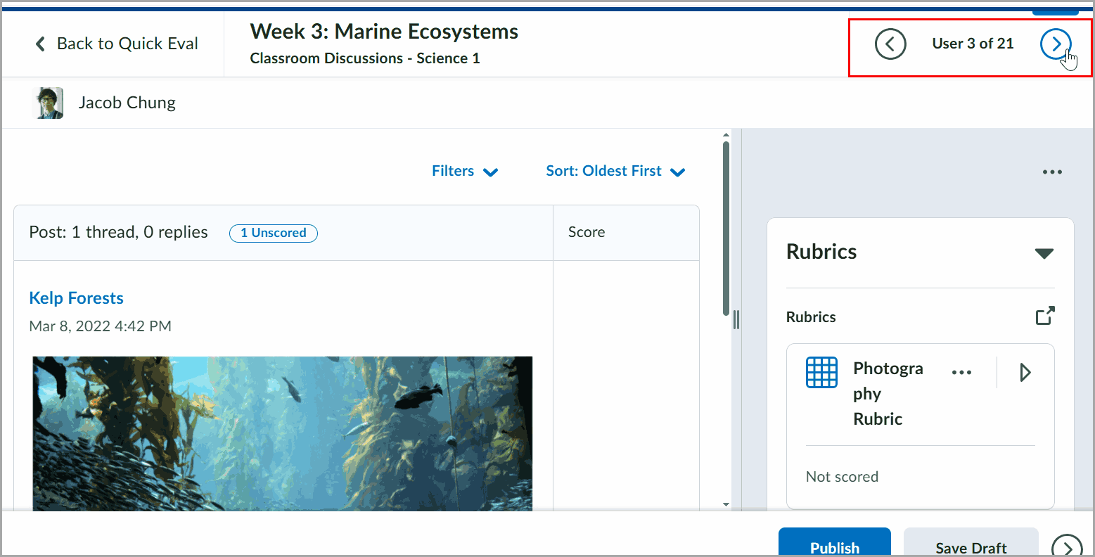 Quick Eval activity open with forward and backward arrows to navigate between learners for evaluation.