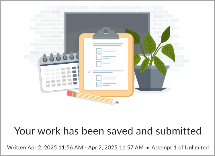 Submission confirmation message with clipboard and calendar.