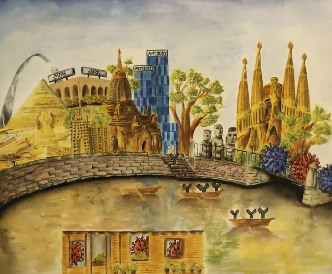 Artist Anjali Kumari, an undergraduate student at North Carolina Agricultural and Technical State University, worked with Vanderbilt PhD student Kelsey Pilewski on this piece that depicts co-infection by two viruses, HIV (blue) and HCV (red), and the evolution of antibodies to combat virus infection.