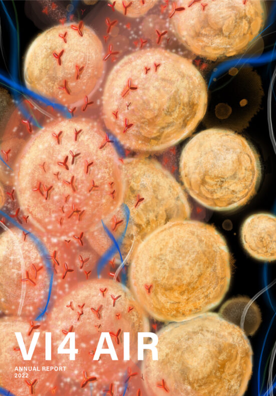 Cover of the VI4 AiR (Artist-in-Residence) 2022 annual report: B cells, antibodies and strands of free-flowing DNA represent B cell genome modification and the formation of unique antibodies. Illustration by Nadia Kafil, a UT-Austin biochemistry major who participated in the nationwide AiR program in the lab of Columbia University professor Uttiya Basu, PhD.