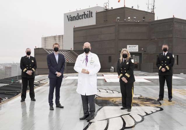 Kevin Nooner, Director of Air; Romain Trapp, President of Airbus Helicopters, Inc.; Stephan Russ, MD, Associate Chief of Staff and Executive Medical Director of Vanderbilt LifeFlight; Jeanne Yeatman, MBA, RN, Executive Medical Director for Vanderbilt LifeFlight; and Michael Wallace, Director of Ground, Event Medicine and Communications pose for a photo at the recent LifeFlight Program of the Year Award Ceremony. Photo by Donn Jones