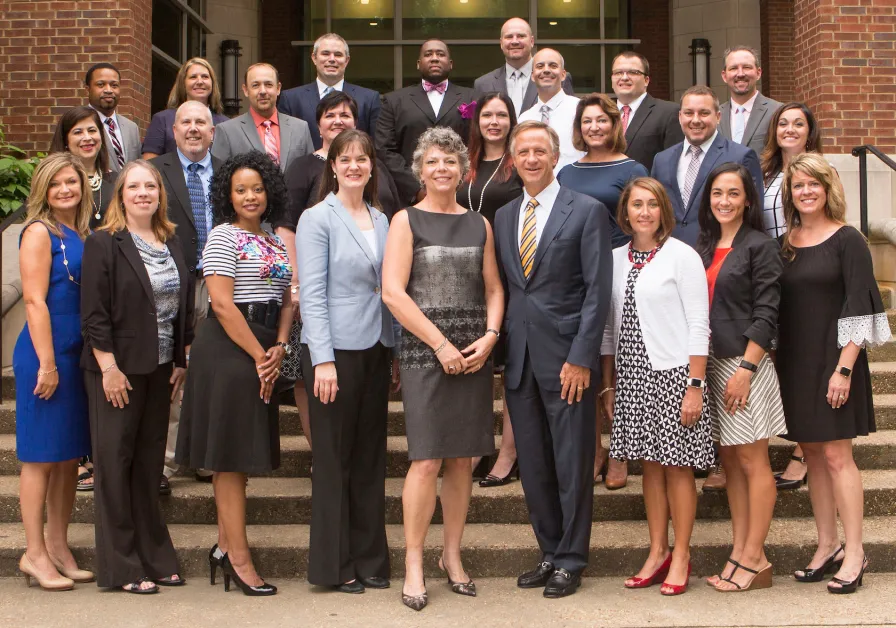 Governor Bill Haslam with Education Commissioner Candice McQueen and Dean Camilla Benbow; and with the Governor's Academy fellows (area principals). Hobbs Hall on Peabody Campus Vanderbilt University photo: Anne Rayner; VU