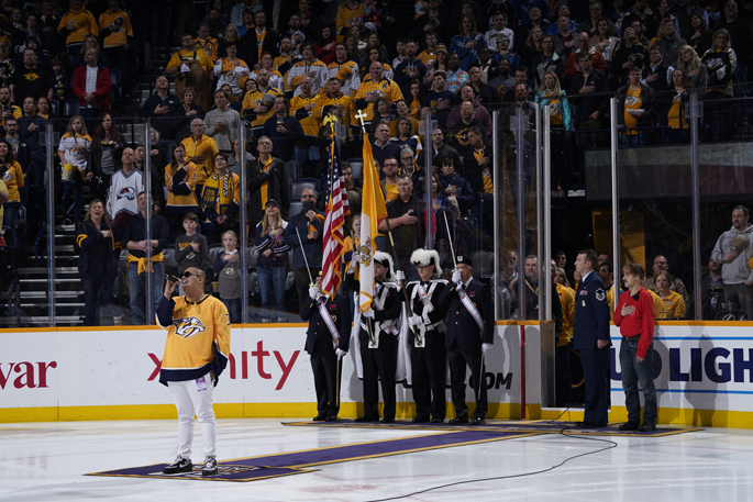 Ray Cruz, a patient at Monroe Carell Jr. Children’s Hospital at Vanderbilt, performed the national anthem at the Nashville Predators Hockey Fights Cancer night. The event brings special guests from Children’s Hospital to Bridgestone Arena for a one-of-a-kind experience. Patients are able to tour the locker rooms, meet the team, ride the Zamboni and join the players on the ice. Over the past eight years combined, the team has provided more than $2 million in donations and in-kind contributions to Children’s Hospital and its programs.
