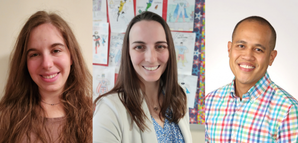 Three photos show headshots, left to right, of Jillian Flood, Andrea Lehman and Vincent Vinluan