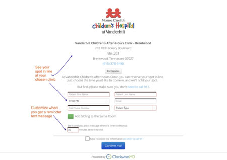 The new Skip the Wait tool lets parents view estimated wait times at Monroe Carell Jr. Children’s Hospital at Vanderbilt after-hours locations.