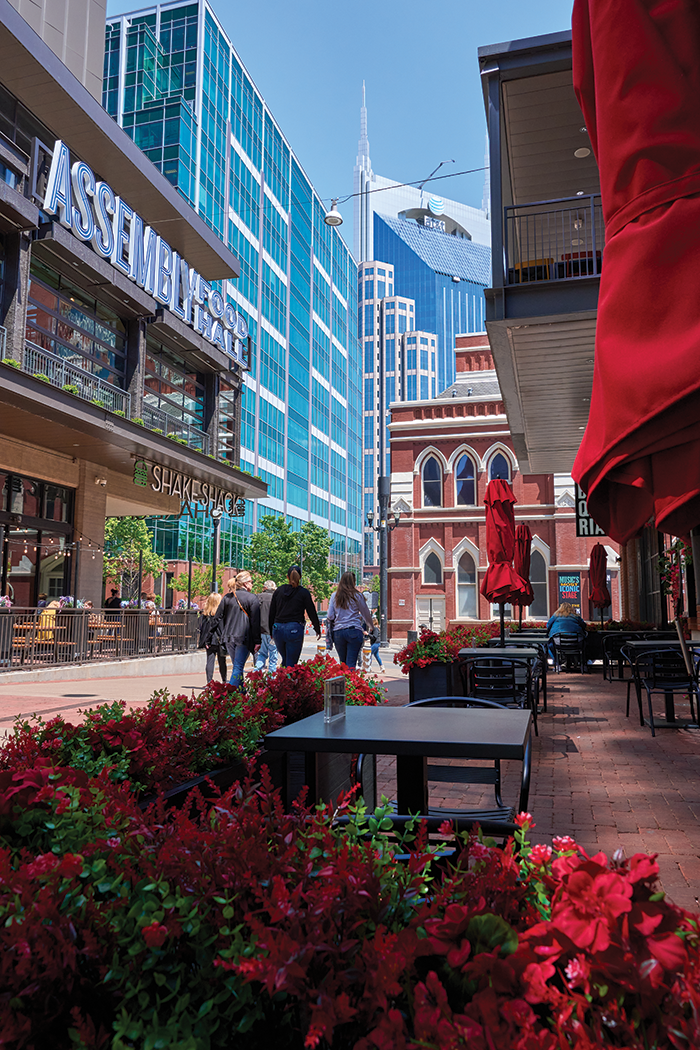 downtown Nashville, view of Assembly Food Hall, Ryman Auditorium, AT&T building