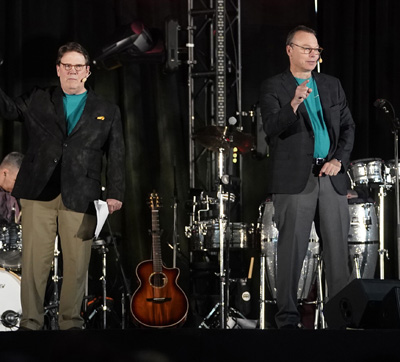 Jeff Balser, MD, PhD, right, and C. Wright Pinson, MBA, MD, spoke at last week’s Celebrate events.