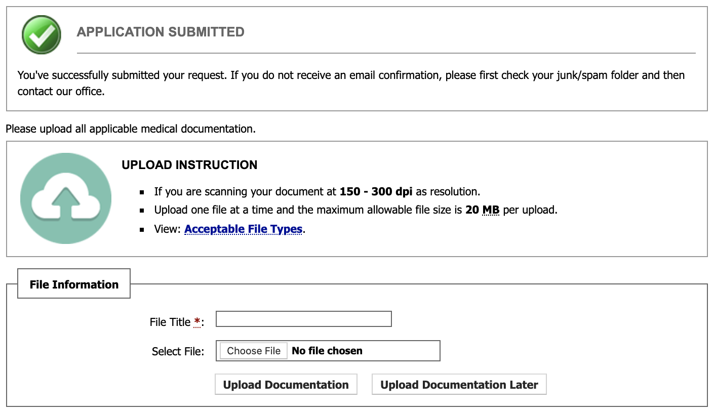 second page of application, including documentation upload field
