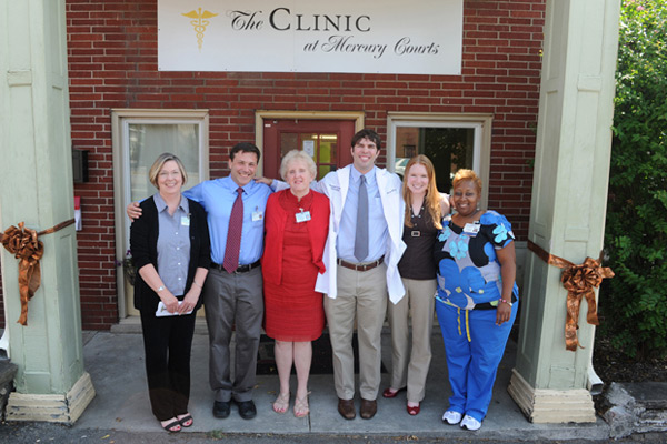 The clinic team on opening day last summer, from left, Terri Crutcher, MSN, R.N., Christian Ketel, MSN, R.N., Bonnie Pilon, DSN, R.N., Aaron Scott, MSN, Bryn Evans and Kimberly Word, MA. (photo by Joe Howell)