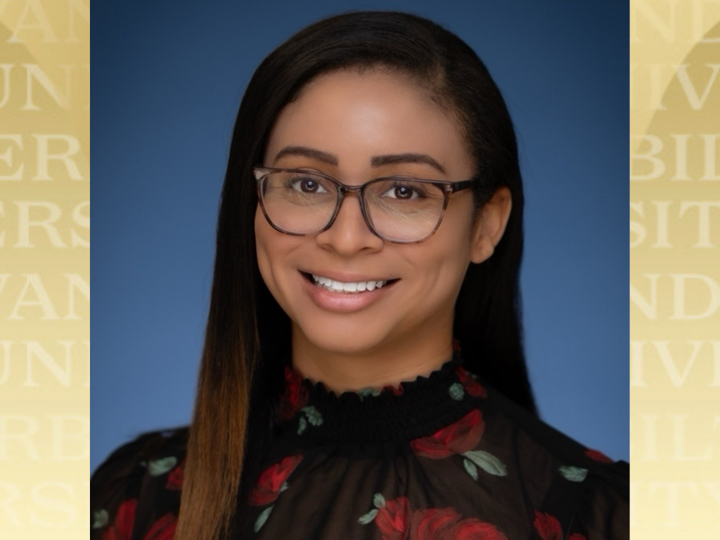 Anne Taylor headshot over Vanderbilt gold background