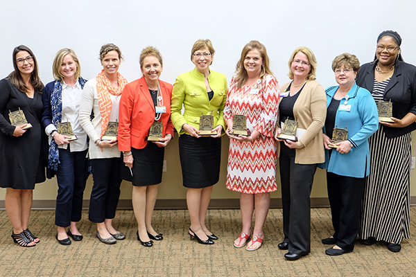 The 2016 VUSN faculty and staff award honorees are (l-r) Angel Anthamatten, Betsy Kennedy, Karen Hande, Susie Leming-Lee, Marilyn Dubree, Stacy Black, Sharon Holley, Sheila Ridner and Mia Wells. (Vanderbilt University)