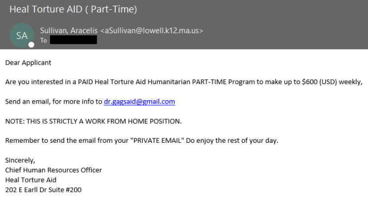 A widespread phishing campaign is currently targeting Vanderbilt University. It has been confirmed as malicious. The phishing email subject is “Heal Torture AID (Part-Time).” 