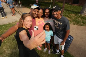 Provost Cybele Raver welcomes first year students during Move In at the Martha River Ingram Commons. (Harrison McClary/Vanderbilt University)