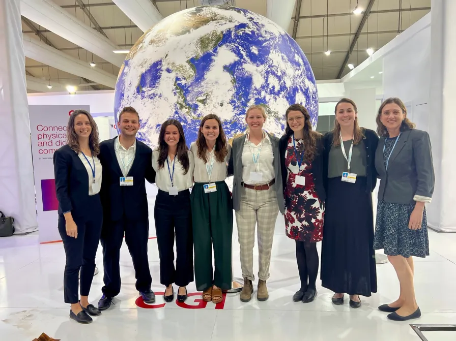 Vanderbilt students, researchers and alumni at COP27: Left to right, Jennifer Gutman, Jacob Wilentz, BS’21, Caroline Avery, Frances Burton, BS’20, and Keegan Traveling Fellow at Vanderbilt, Kaele Belletto, Madeline Allen, Jessica L. Raff and Assistant Professor Leah Dundon (Submitted photo)
