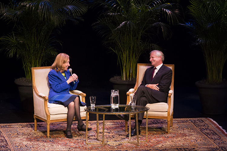 Pulitzer Prize-winning presidential historians Doris Kearns Goodwin (left) and Jon Meacham discussed "Lessons of Presidential Leadership" Oct. 31 in Ingram Hall of Blair School of Music. (Susan Urmy/Vanderbilt)