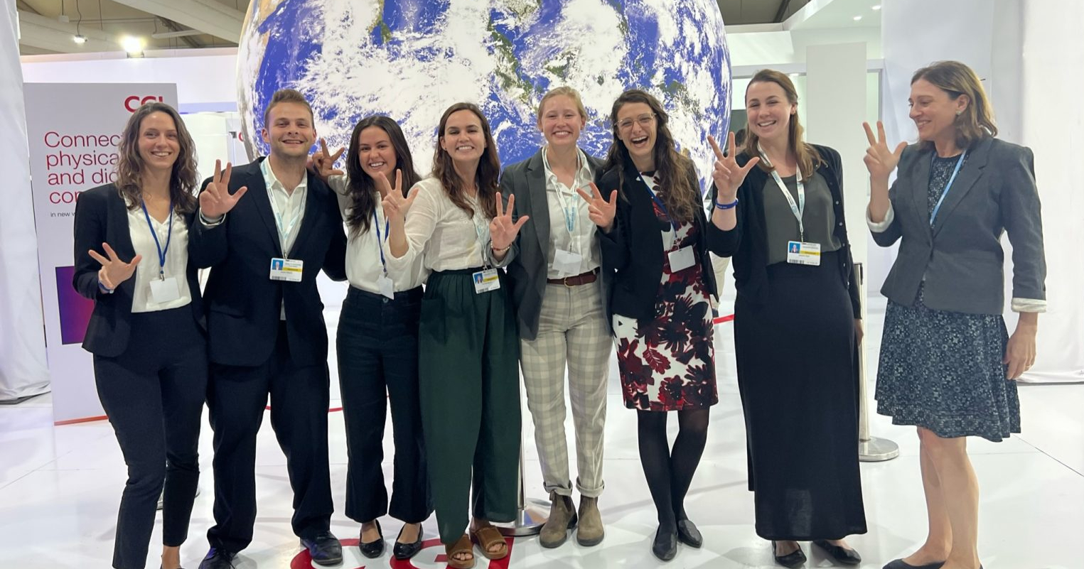 Vanderbilt students, researchers and alumni at COP27 (L-R) Jennifer Gutman, Jacob Wilentz BS’21, Caroline Avery, Frances Burton BS’20 and Keegan Traveling Fellow at Vanderbilt, Kaele Belletto, Madeline Allen, Jessica L. Raff , and Prof. Leah Dundon.
