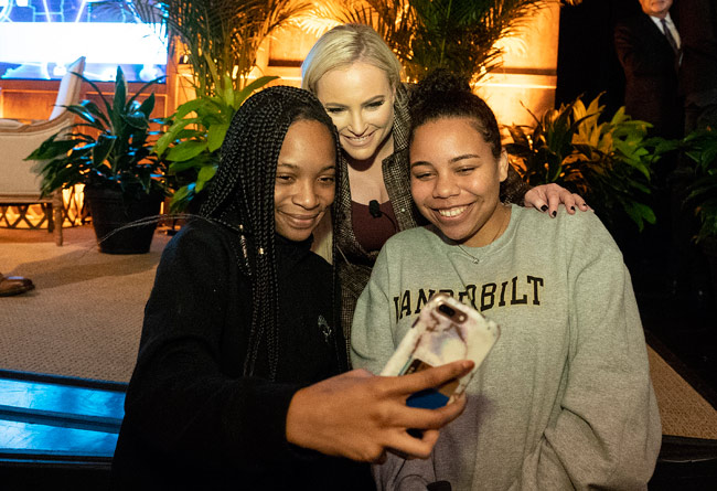 Meghan McCain (center) poses for a "selfie" with Vanderbilt students following her Chancellor's Lecture Series appearance Feb. 19. (Joe Howell/Vanderbilt)