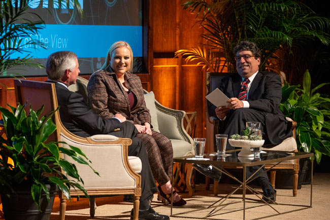 L-r: Distinguished Visiting Professor Jon Meacham, "The View" co-host and political analyst Meghan McCain and Chancellor Nicholas S. Zeppos in conversation at the Chancellor's Lecture Series event Feb. 19 in Langford Auditorium. (Joe Howell/Vanderbilt)