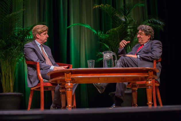 Former U.S. Rep. Patrick J. Kennedy and Chancellor Nicholas S. Zeppos discussed mental health and addiction care advocacy March 13 in Langford Auditorium. (Anne Rayner/Vanderbilt)