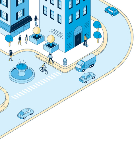 illustration of a city featuring various modes of transportation