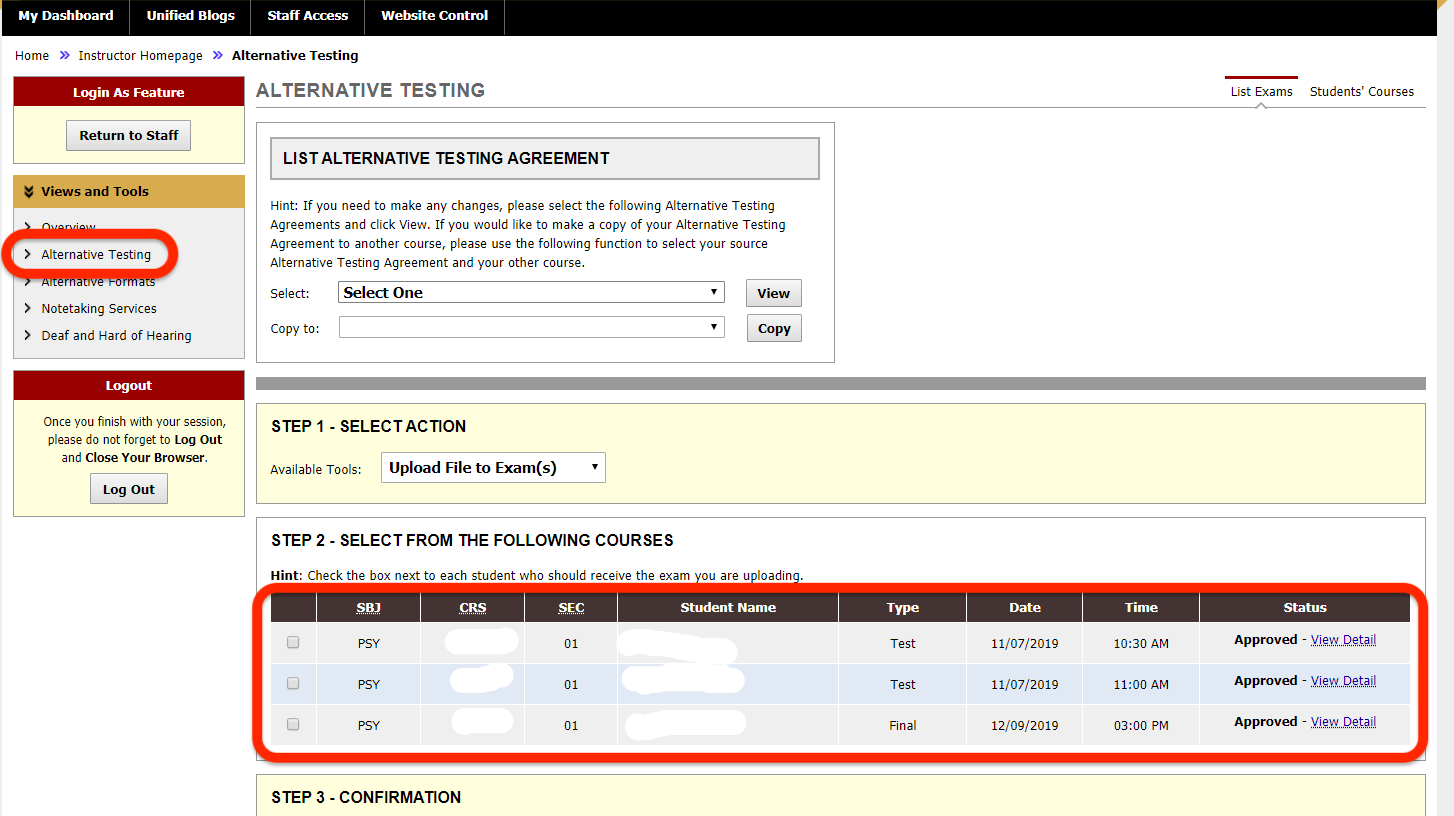 a list of approved exams in the faculty view of the portal