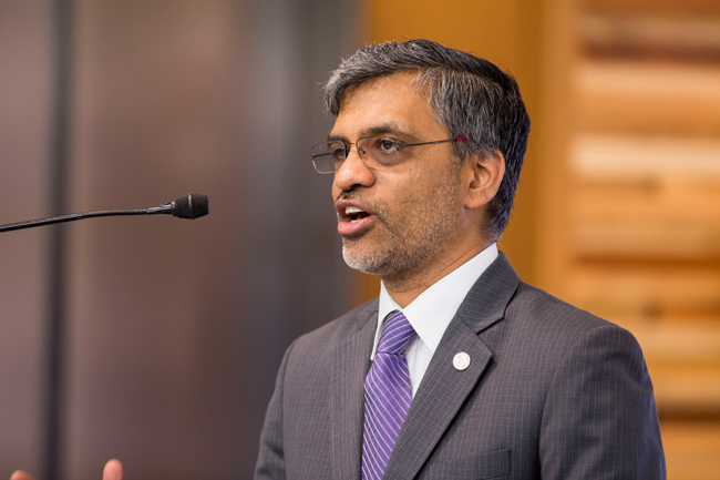 U.S. Green Building Council President and CEO Mahesh Ramanujam presented Vanderbilt with a plaque designating the university’s Engineering and Science Building and Eskind Biomedical Library with LEED Gold status at a community-wide gathering June 25 in the Engineering and Science Building lobby. (Susan Urmy/Vanderbilt)