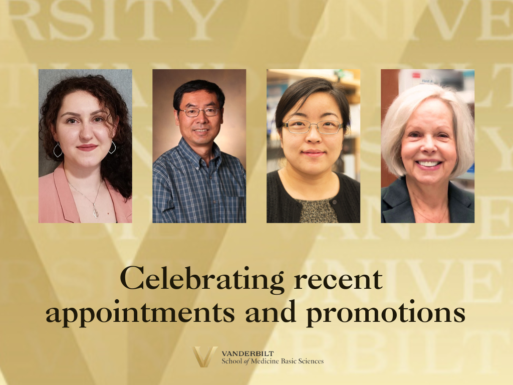 Headshots of the recent people receiving appointments and promotions in the School of Medicine Basic Sciences from April–June 2025 with a gold Vanderbilt background