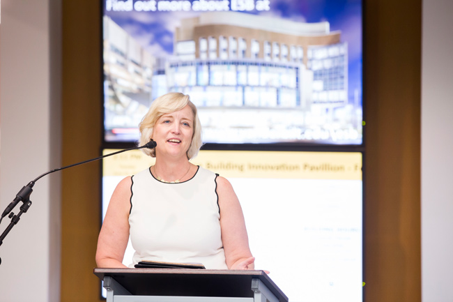 Provost and Vice Chancellor for Academic Affairs Susan R. Wente spoke at the LEED Gold plaque dedication ceremony at the Engineering and Science Building on June 25. (Susan Urmy/Vanderbilt)