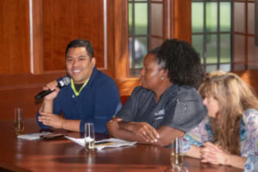 Judges Arnold Myint, Jennifer Hill Baker and Deb Paquette in E. Bronson Ingram College dining hall g Waste Not' cooking competition