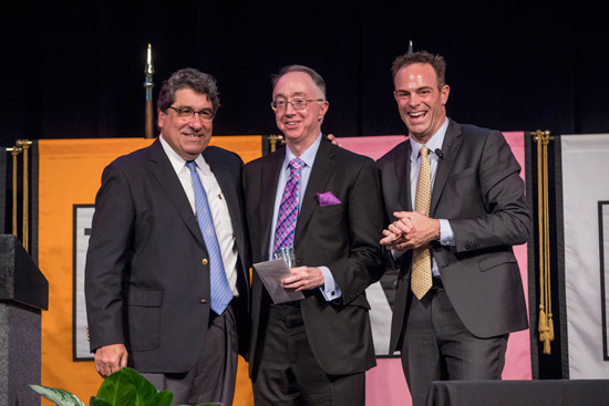 Chancellor Nicholas S. Zeppos, Jefferson Award winner Richard Willis and Faculty Senate Chair Geoffrey Fleming. (John Russell/Vanderbilt)
